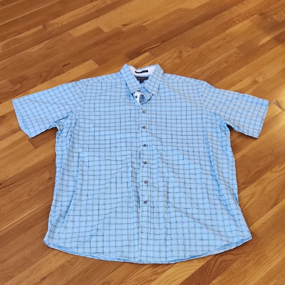 Paul Fredrick Light Blue and Brown Plaid Men's  Short Sleeve Shirt